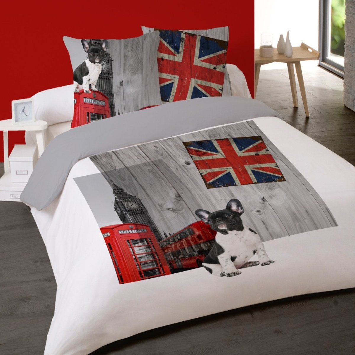 Housse de couette 240x220 DOG IN LONDON + 2 taies 100% coton blanc, DECORATIE