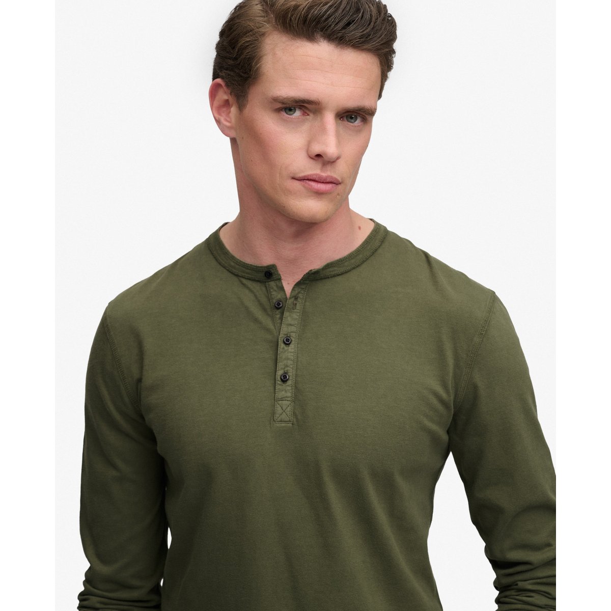 T-shirt Henley manches longues en jersey slub vert scarabée, SUPERDRY