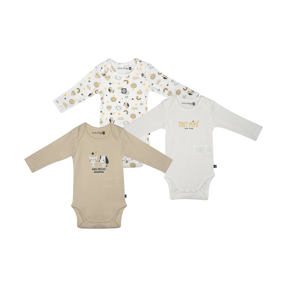 Lot de 3 bodies idan manches longues bebe beige, SUCRE D'ORGE