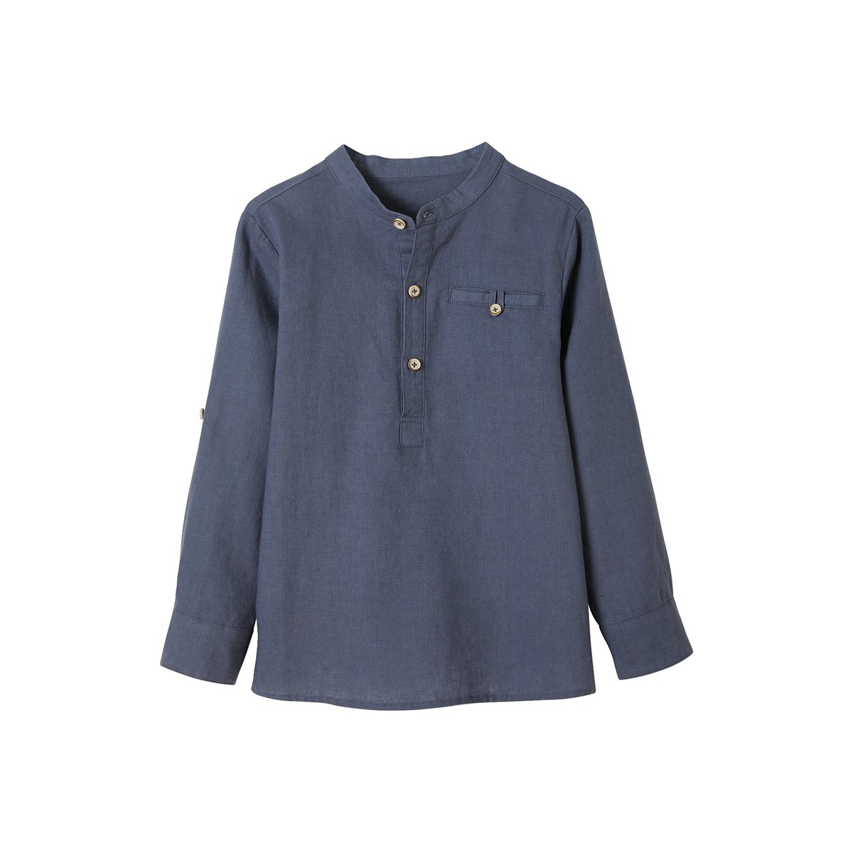 Chemise col Mao en coton/lin manches longues bleu moyen, VERTBAUDET