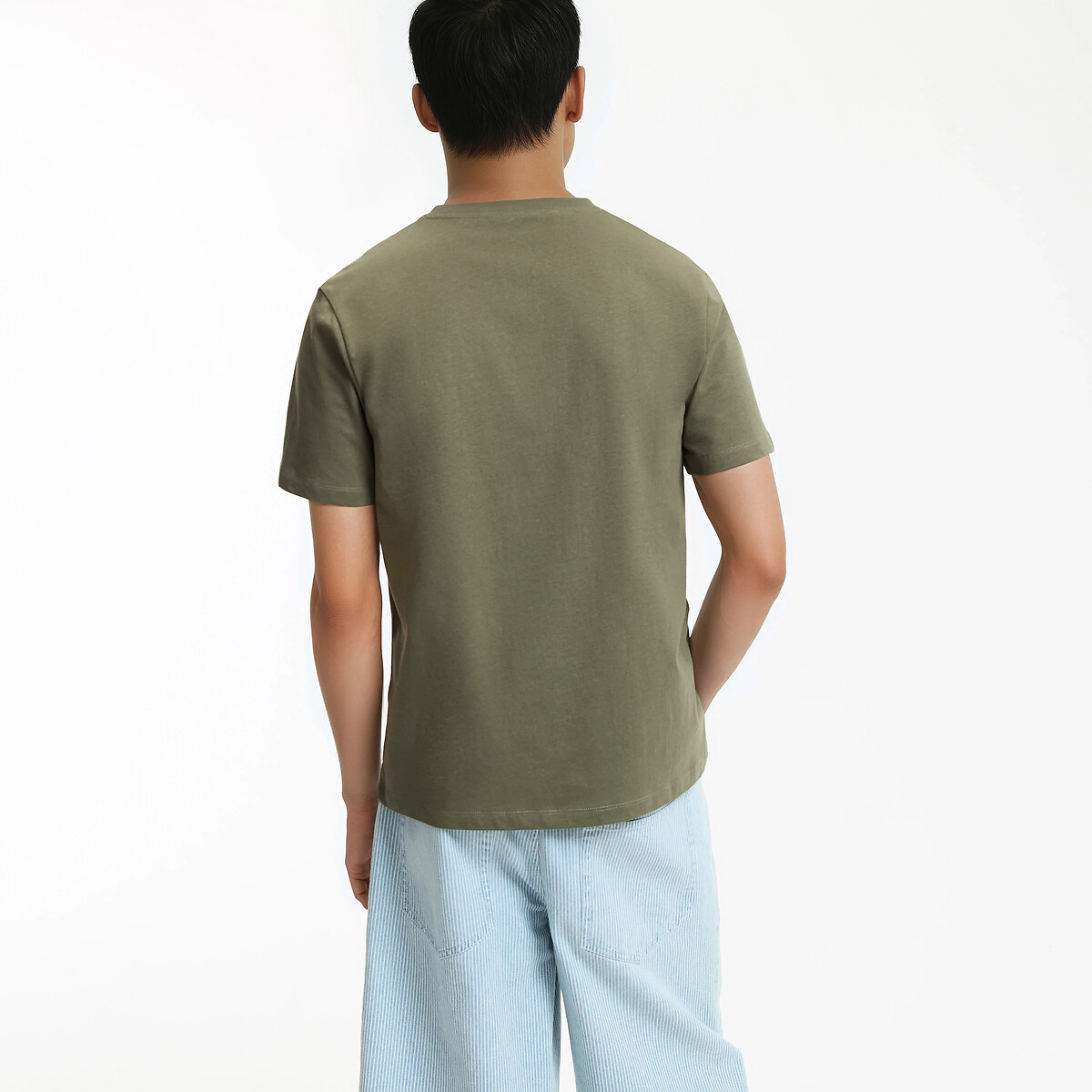 Cotton Short Sleeve V-Neck T-Shirt dark khaki green, LA REDOUTE COLLECTIONS