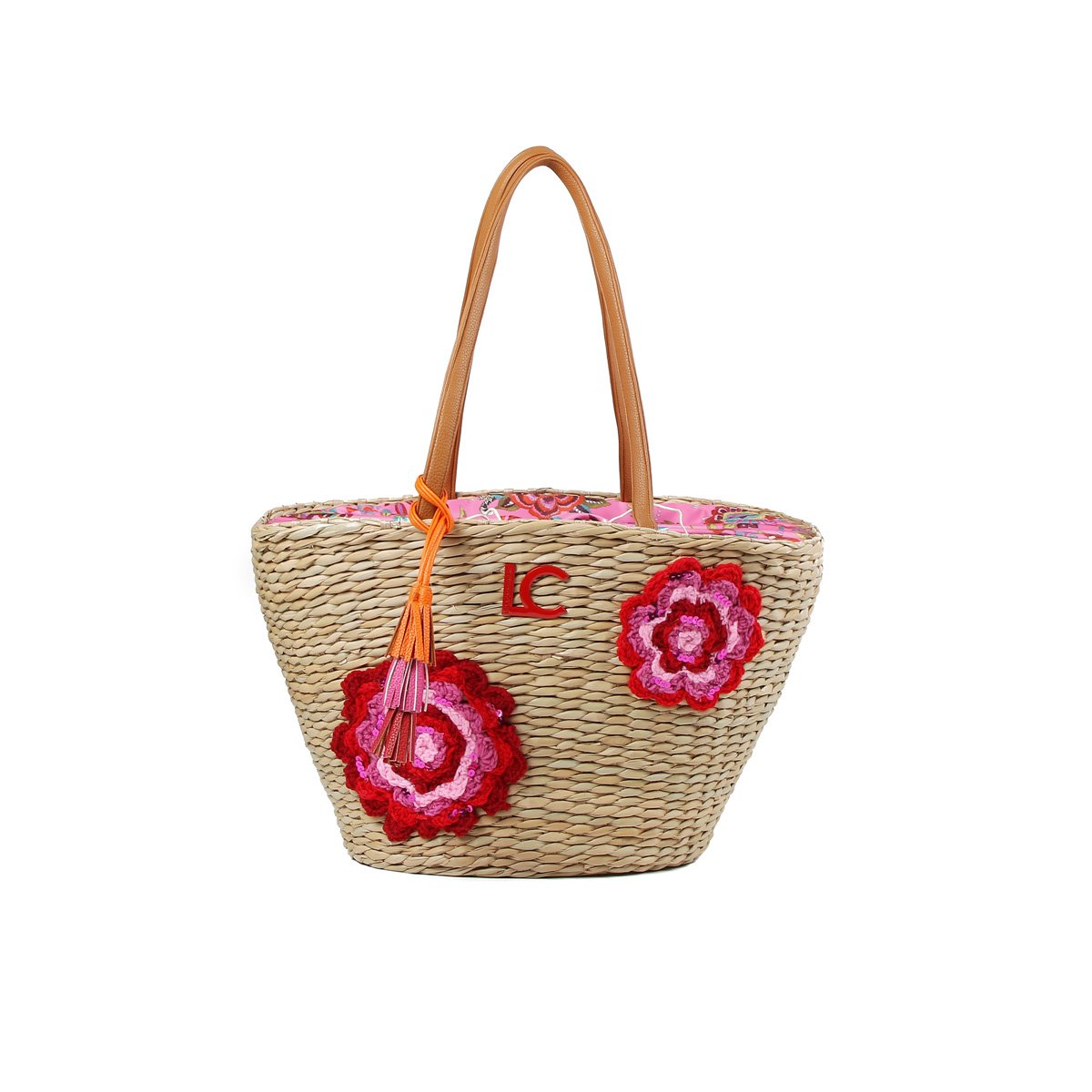 Cabas tressé multi-anses avec broderies florales beige, LOLA CASADEMUNT
