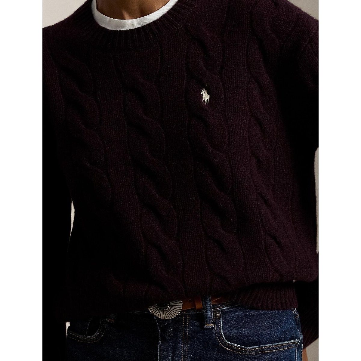 Pull col rond torsadé, 90% laine 10% cachemire bordeaux, POLO RALPH LAUREN