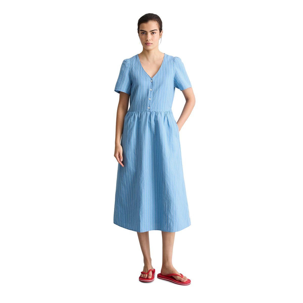 Robe à rayures régulière en mélange de lin et de coton bleu, MARC O’POLO DENIM