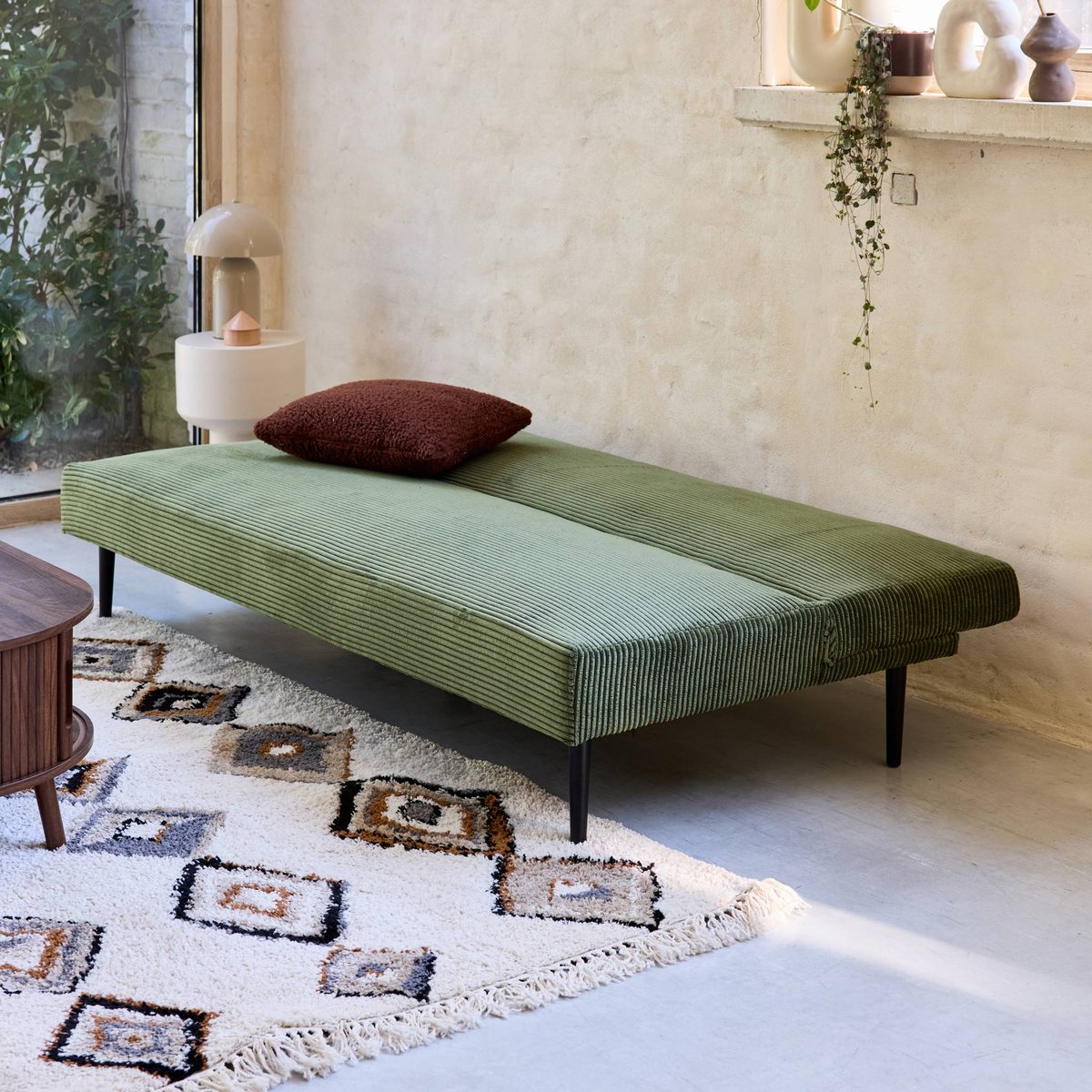 Canapé banquette convertible 3 places velours côtelé piétement métal MAX crème, SWEEEK