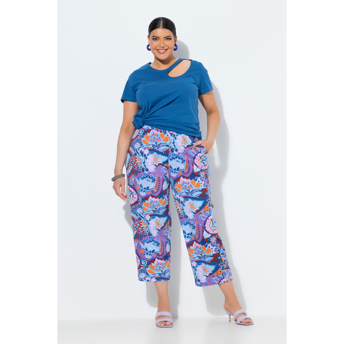 Pantalon 7/8 en jersey, imprimé violet, ULLA POPKEN