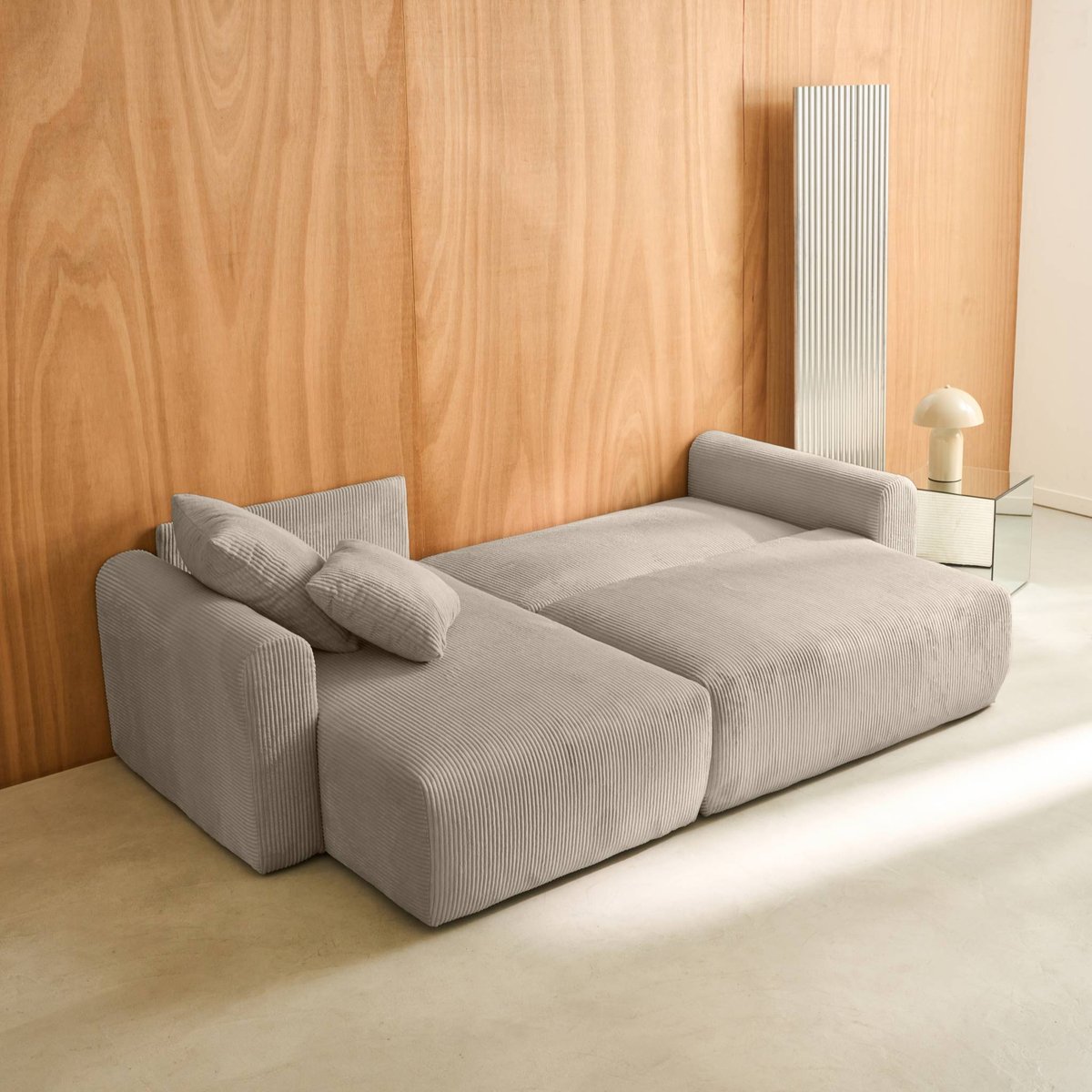 Canapé d'angle convertible réversible 3 places velours côtelé avec coffre ALMO taupe, SWEEEK