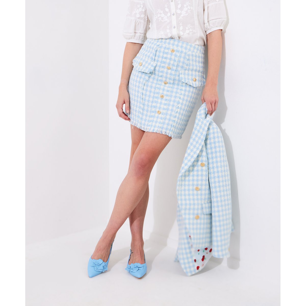Jupe Mini Carreaux et Bouton Fantaisie bleu, JOE BROWNS