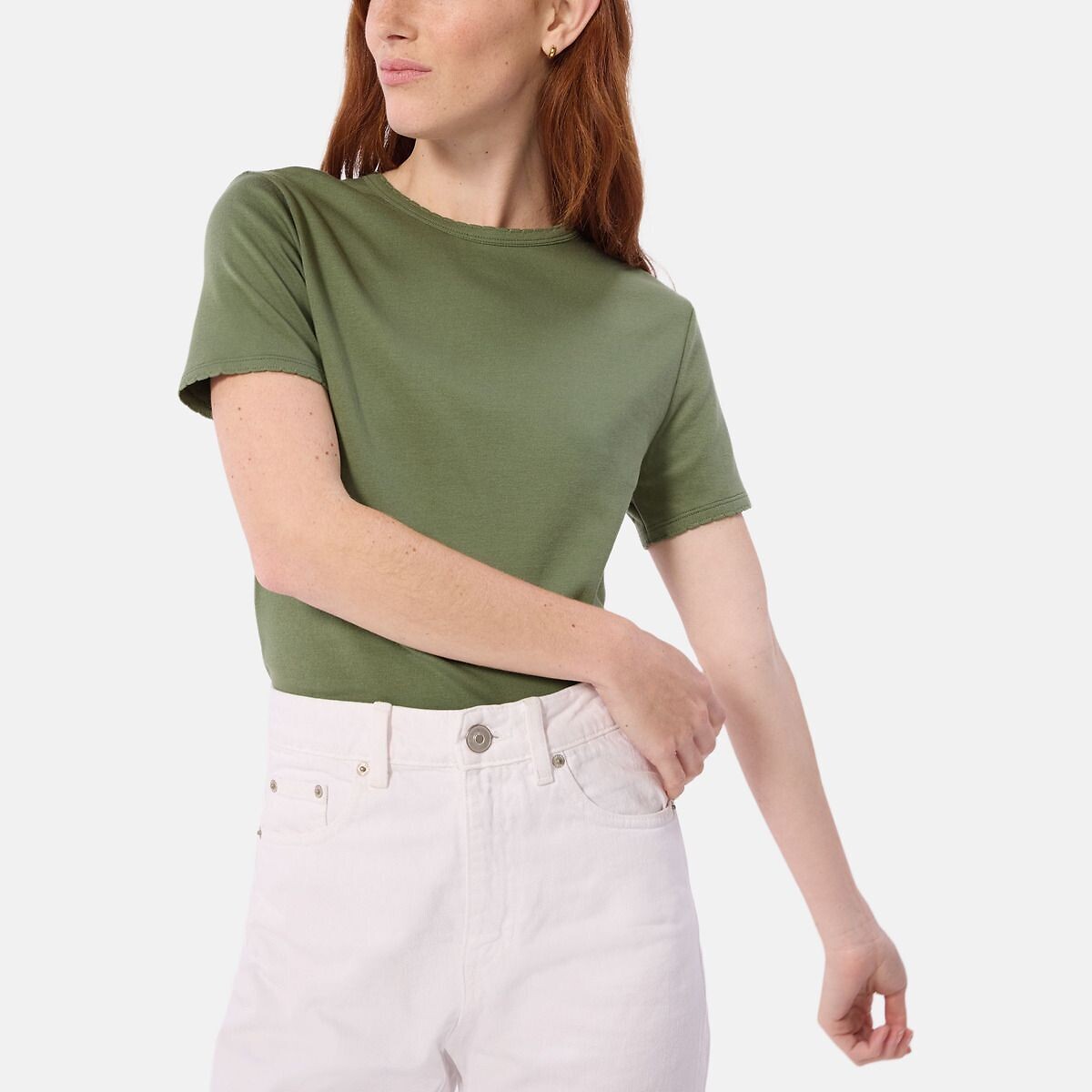 T-shirt, manches courtes, col rond vert olive, PETIT BATEAU