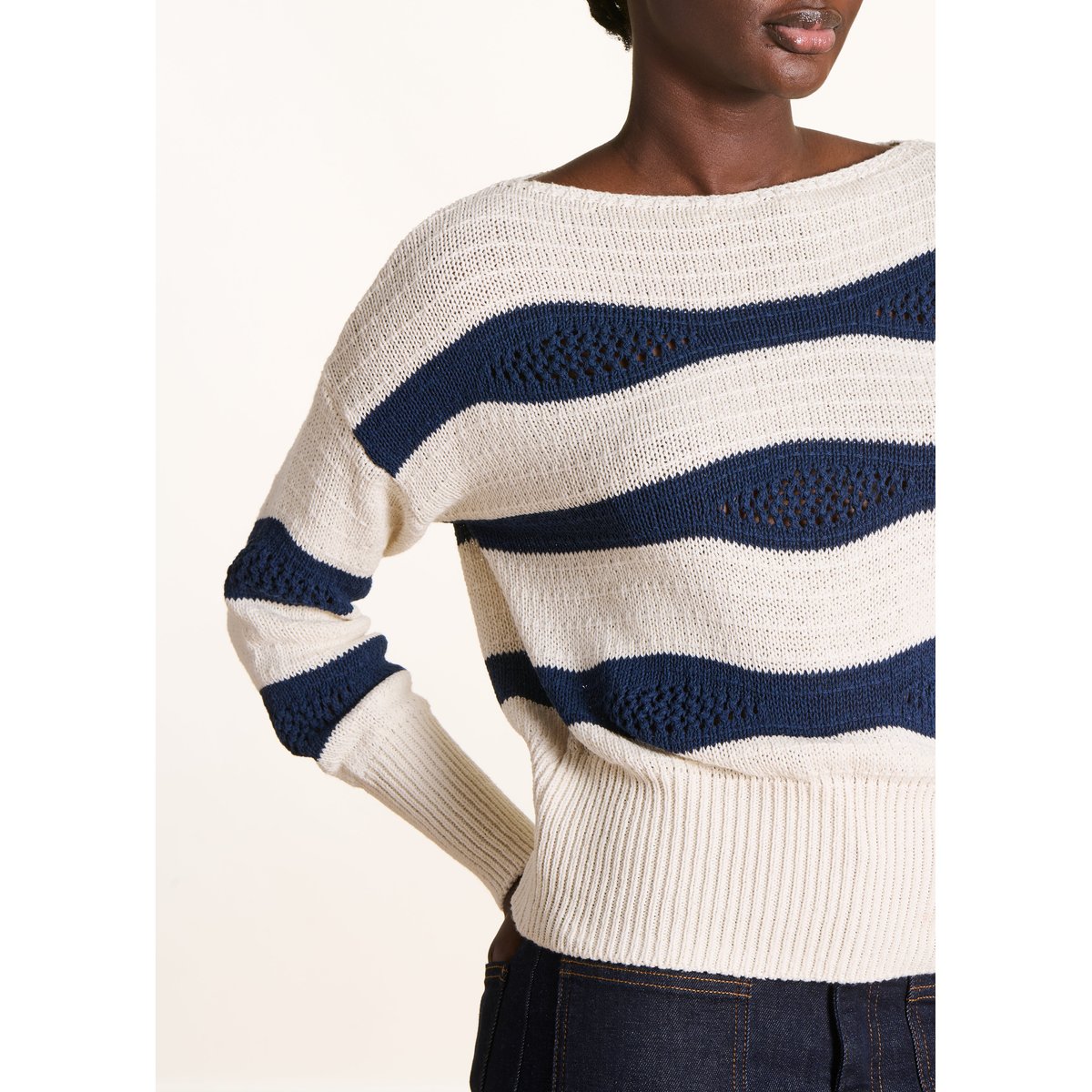 Pull marinière col bateau à manches longues ecru/navy, LA FEE MARABOUTEE