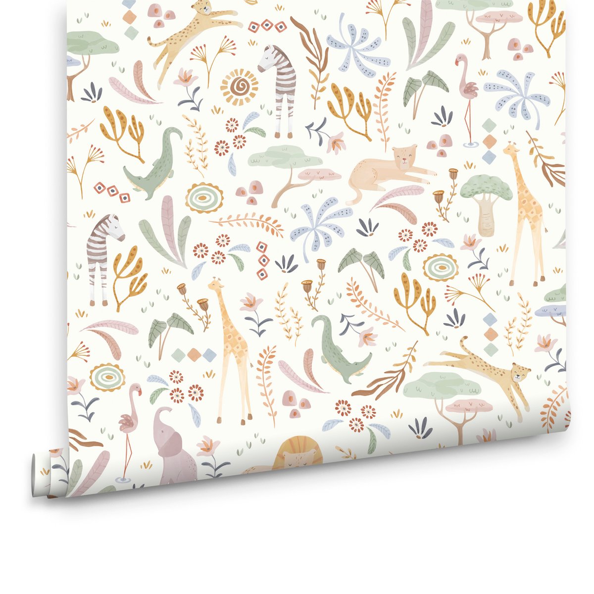 Papier peint fleuri pour enfant Petits animaux de la savanne multicolore, LITTLE DUTCH