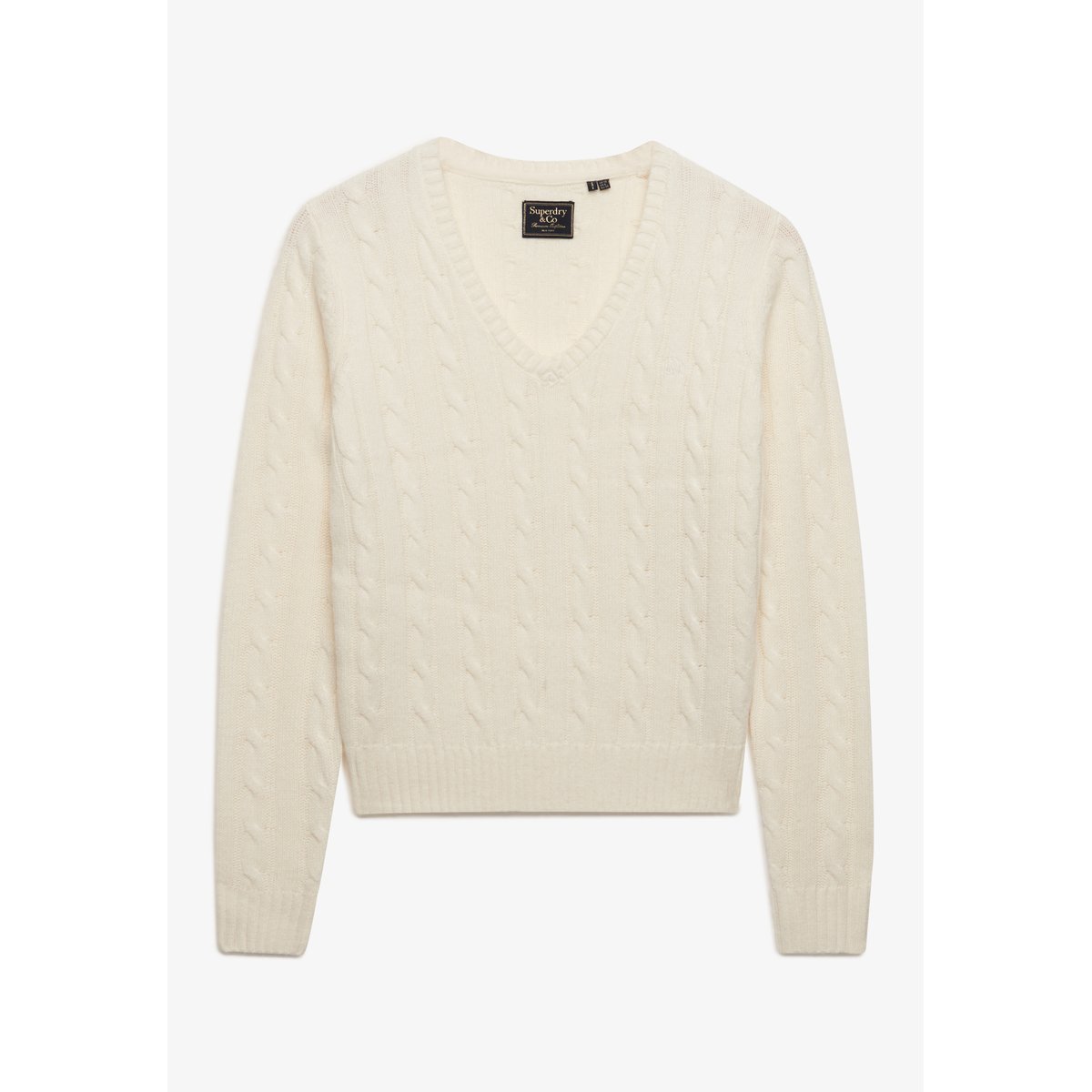 Pull Col V en Maille Torsadée Mélange de Laine crème, SUPERDRY