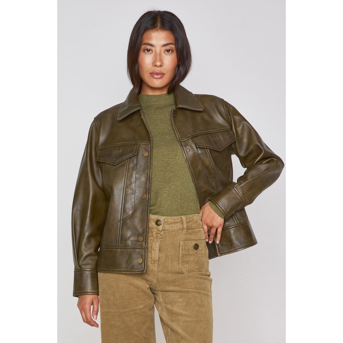 Veste en 100% cuir FIERCE kaki, Maison 123