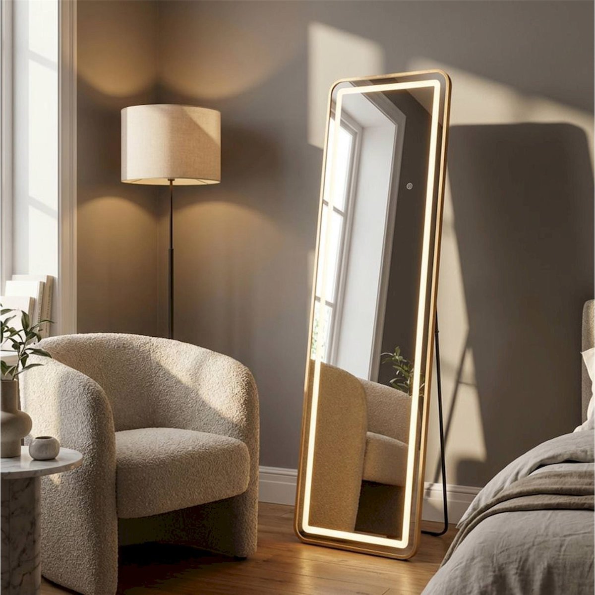 Miroir sur pied rectangulaire LED doré, RECOLLECTION