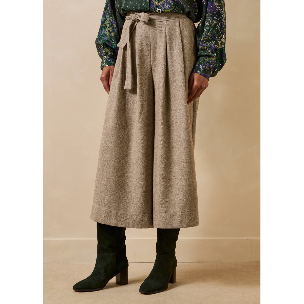 Pantalon jupe culotte 7/8ème en tweed greige, LA FEE MARABOUTEE