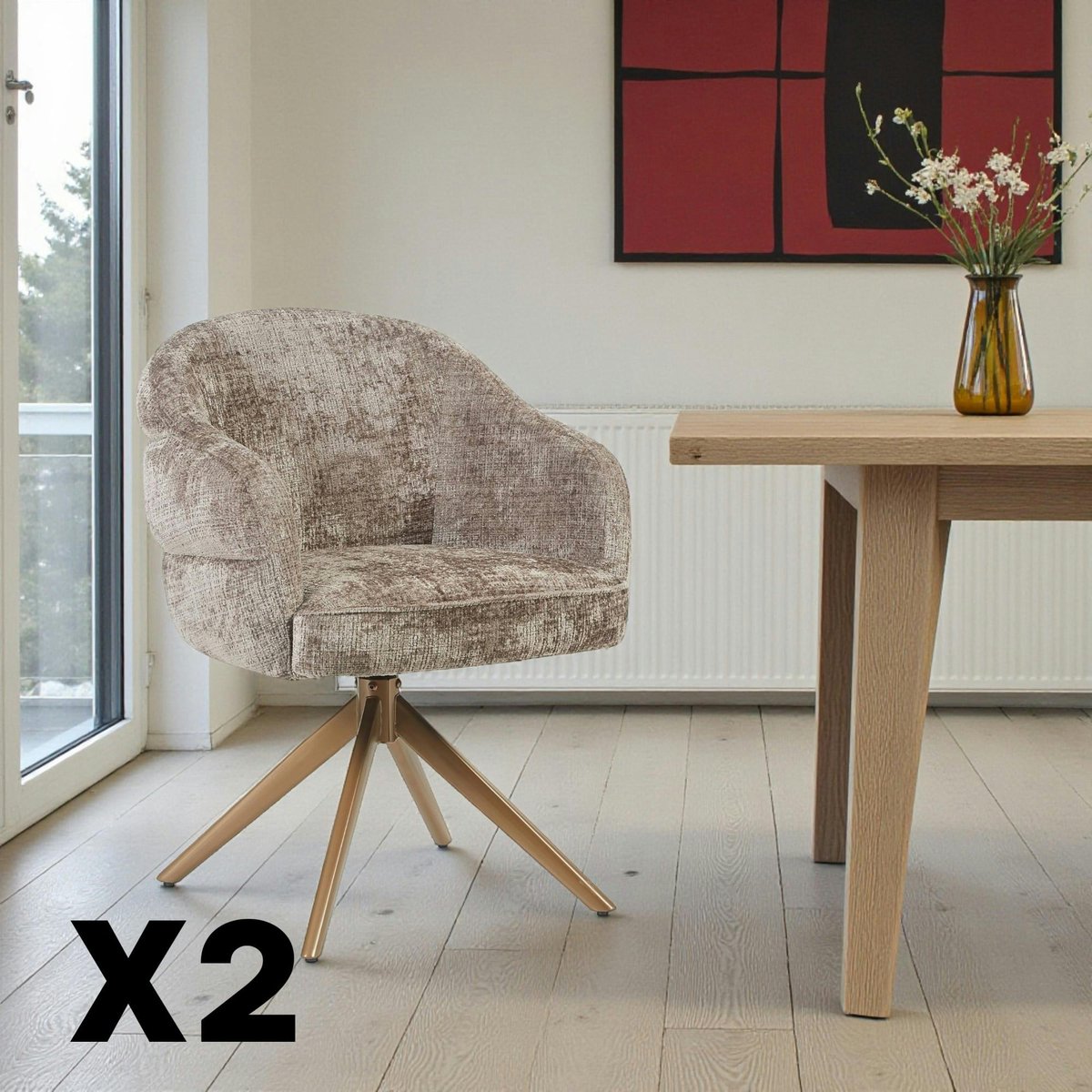 Chaise arrondie pivotante dossier structuré (lot de 2) CORTINA greige, PIER IMPORT