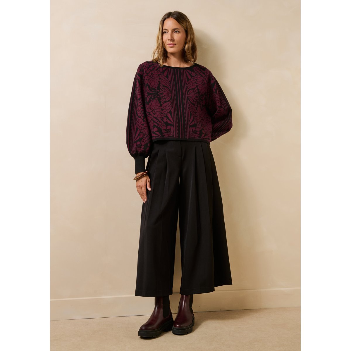 Pantalon large plissé cropped noir, LA FEE MARABOUTEE