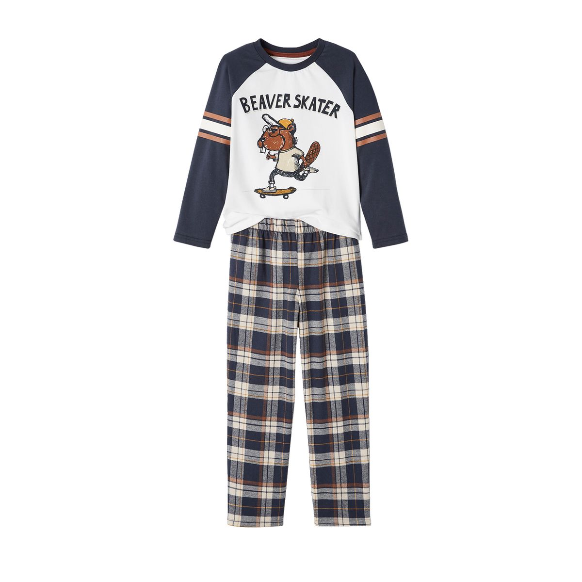 Pyjama castor avec bas en flanelle bleu fonce, VERTBAUDET