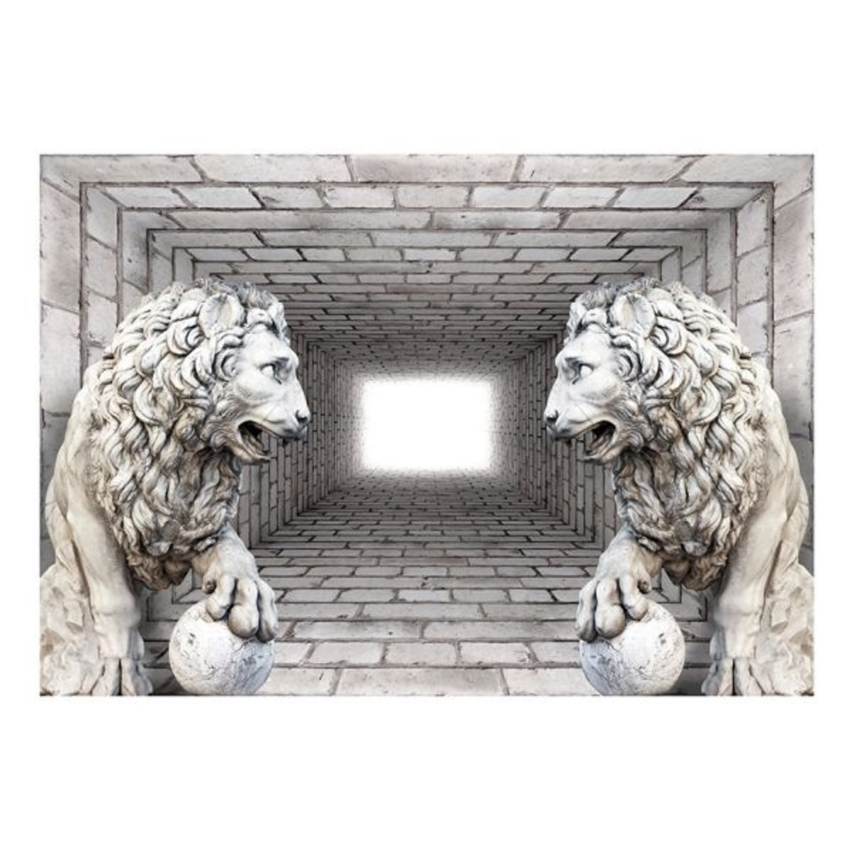 Papier peint intissé panoramique 3D et Perspective Lions de pierre gris / argent, EDEN