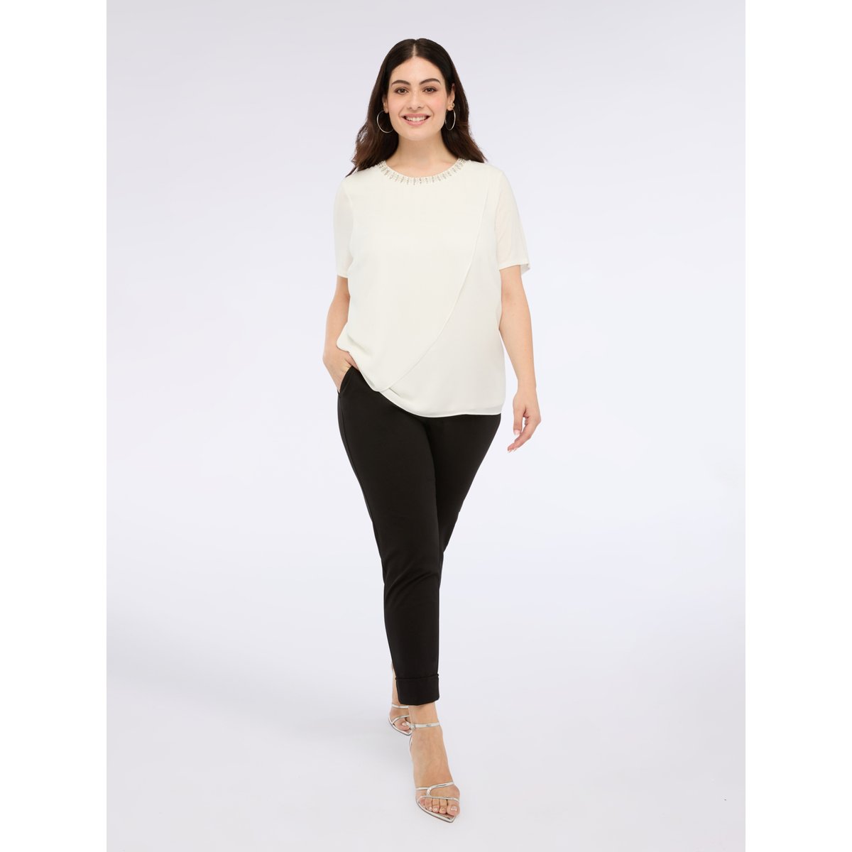 T-shirt bimatière avec applications bijoux blanc, FIORELLA RUBINO