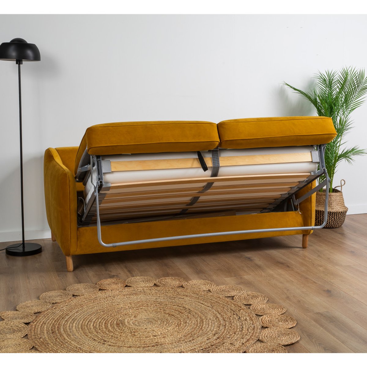 Canapé convertible ouverture express 3 places en velours- VORNAY jaune moutarde, DRAWER