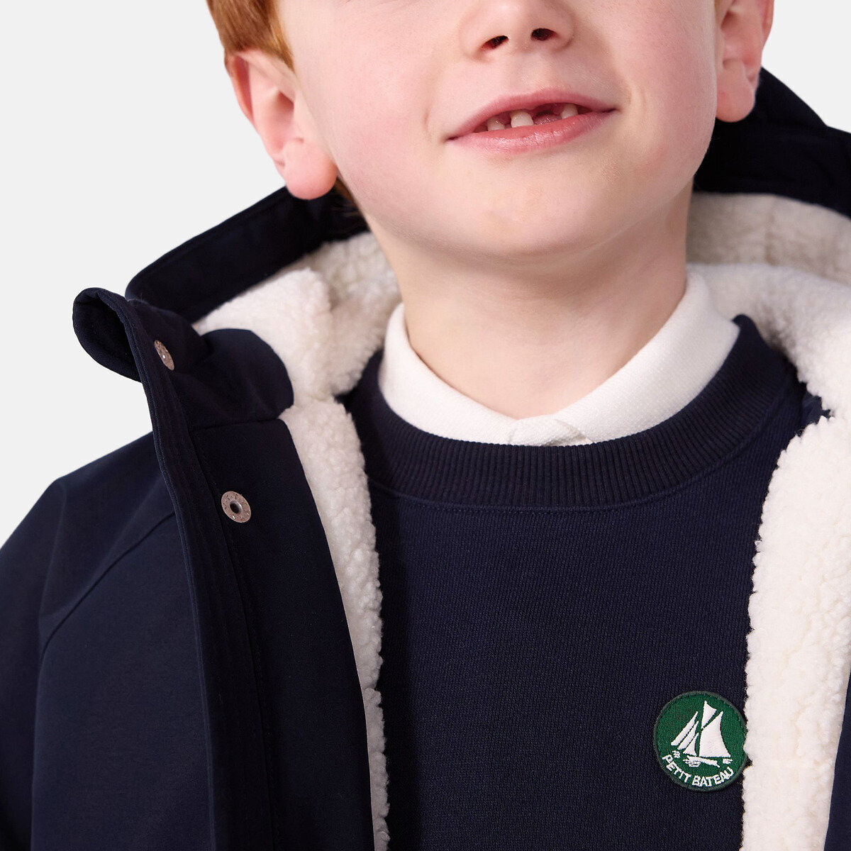 Parka di media lunghezza con cappuccio, in tinta unita blu marino, PETIT BATEAU