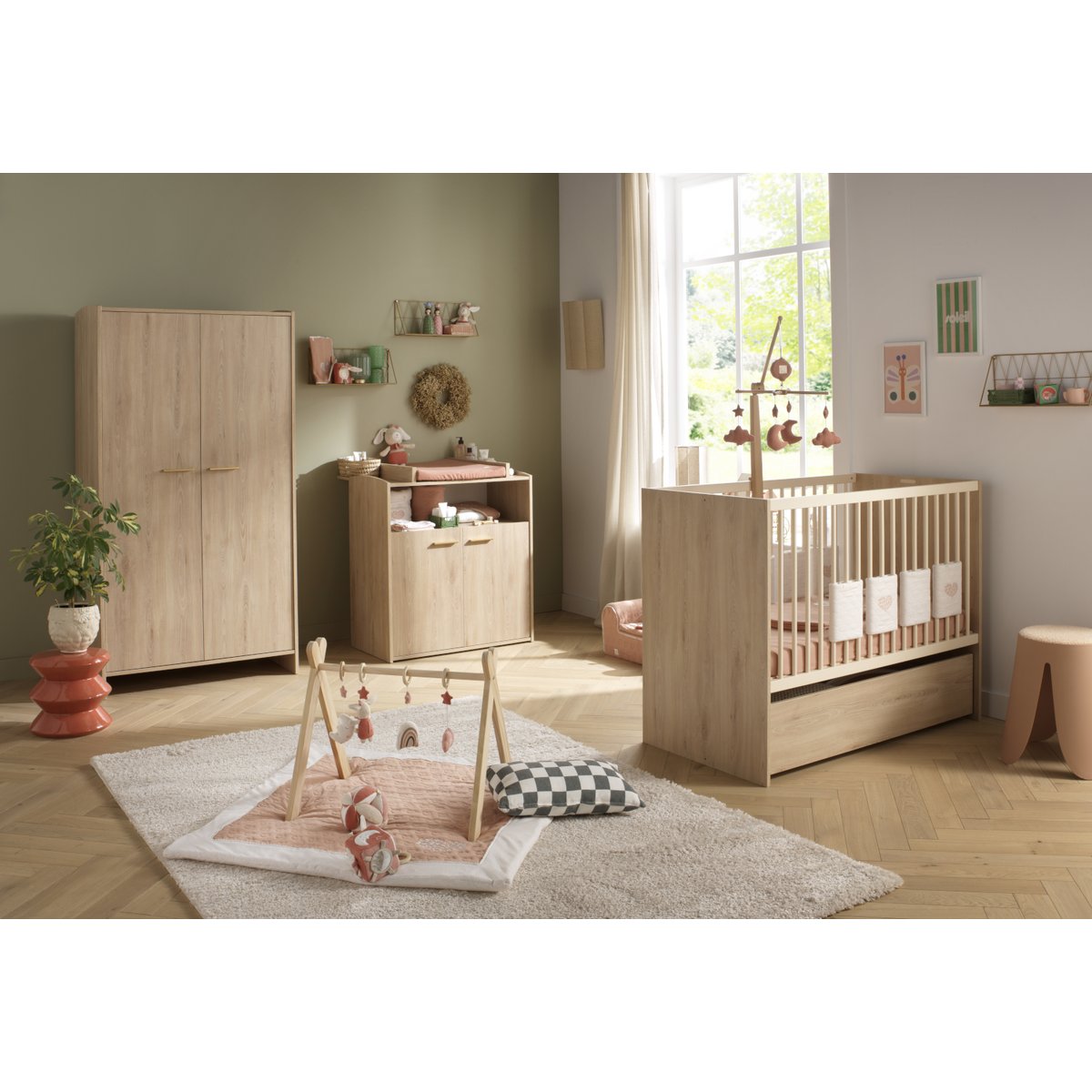 Commode à langer 2 portes et une niche décor bois hêtre marron, SAUTHON