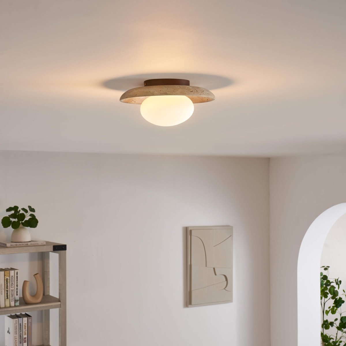 Petit plafonnier avec plateau en pierre - JIO beige blanc et bois, KOSILUM