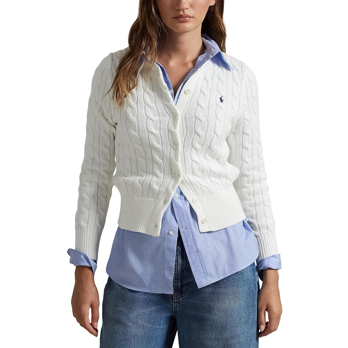 Cardigan à col rond et à manches longues, en maille torsadée blanc, POLO RALPH LAUREN