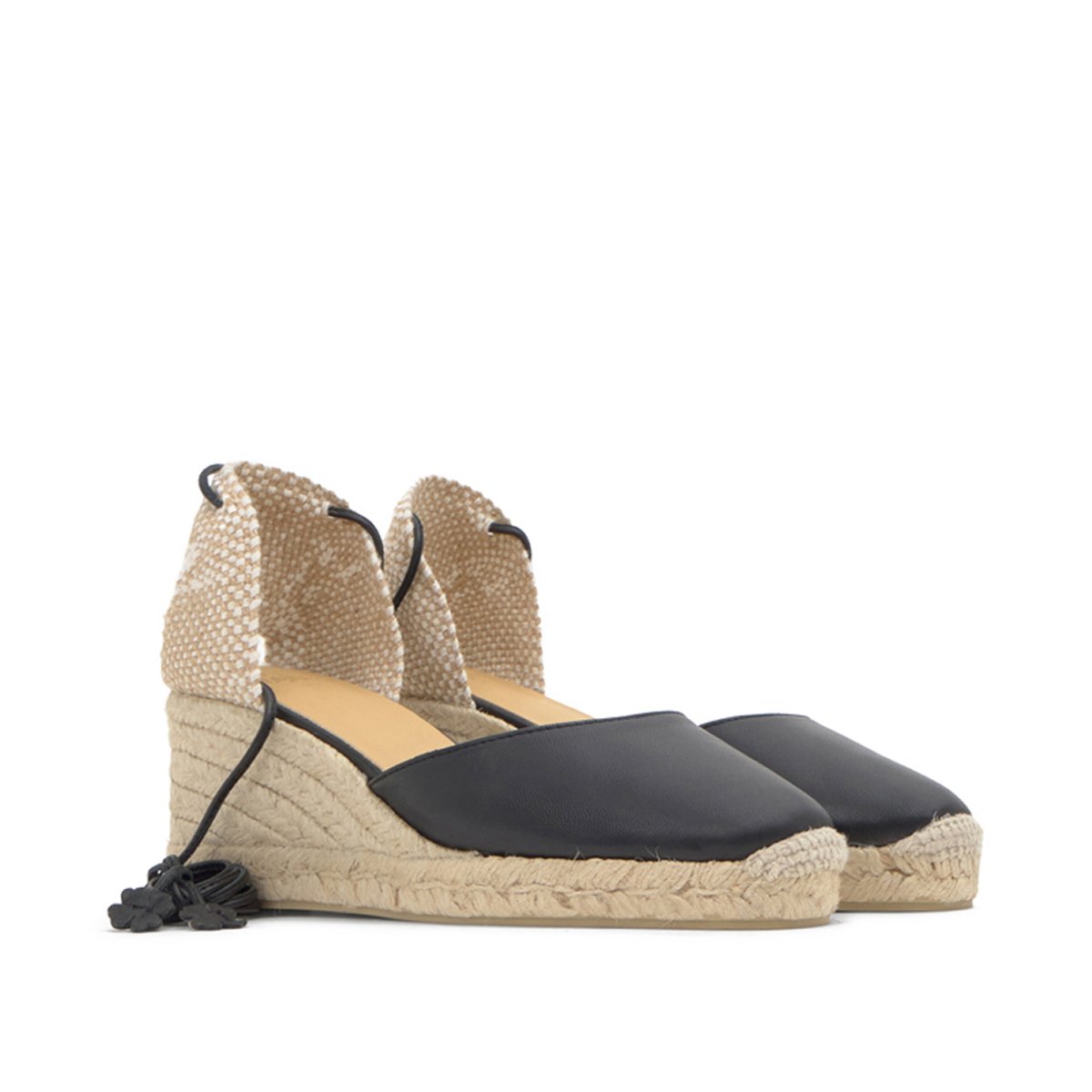 Espadrilles compensées en cuir à lacets avec plateforme tressée CARINA PLATFORM noir, CASTANER