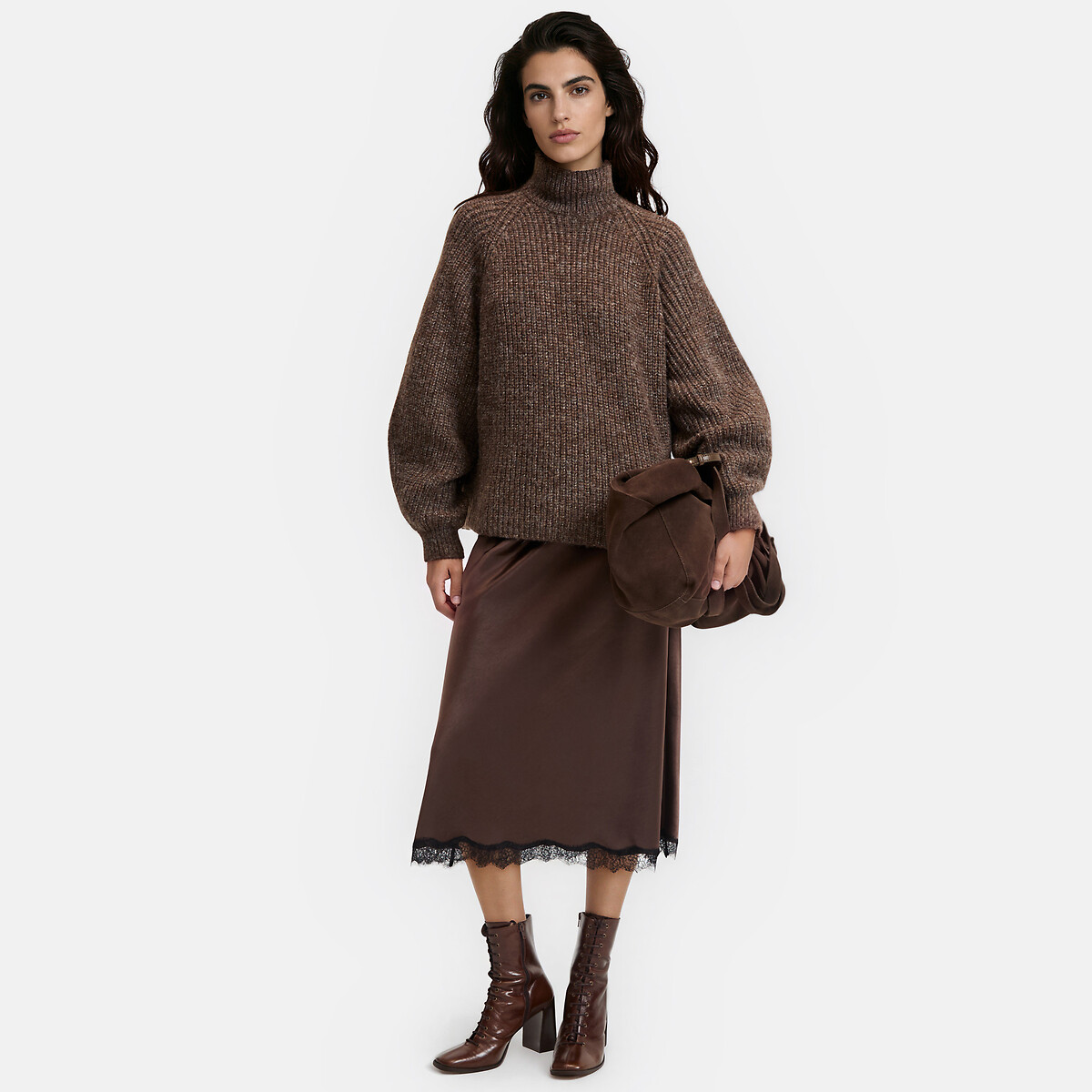 Pull col montant côtelé marron, LA REDOUTE COLLECTIONS