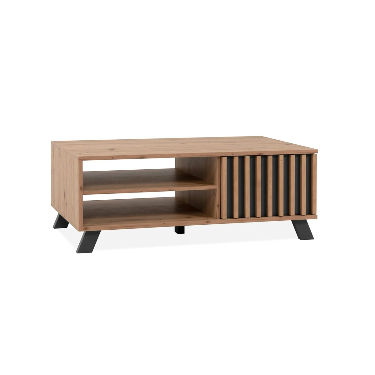 Table basse moderne 1 porte noire rainurée ALVA bois naturel, PIER IMPORT