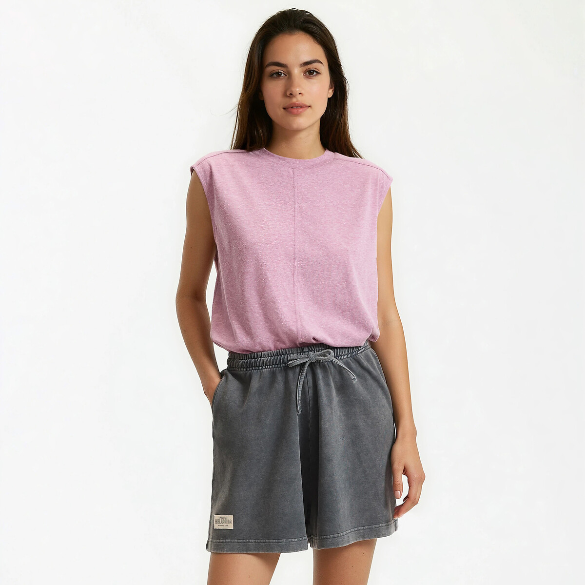 Camiseta con cuello redondo, sin mangas rosa jaspeado, LA REDOUTE COLLECTIONS