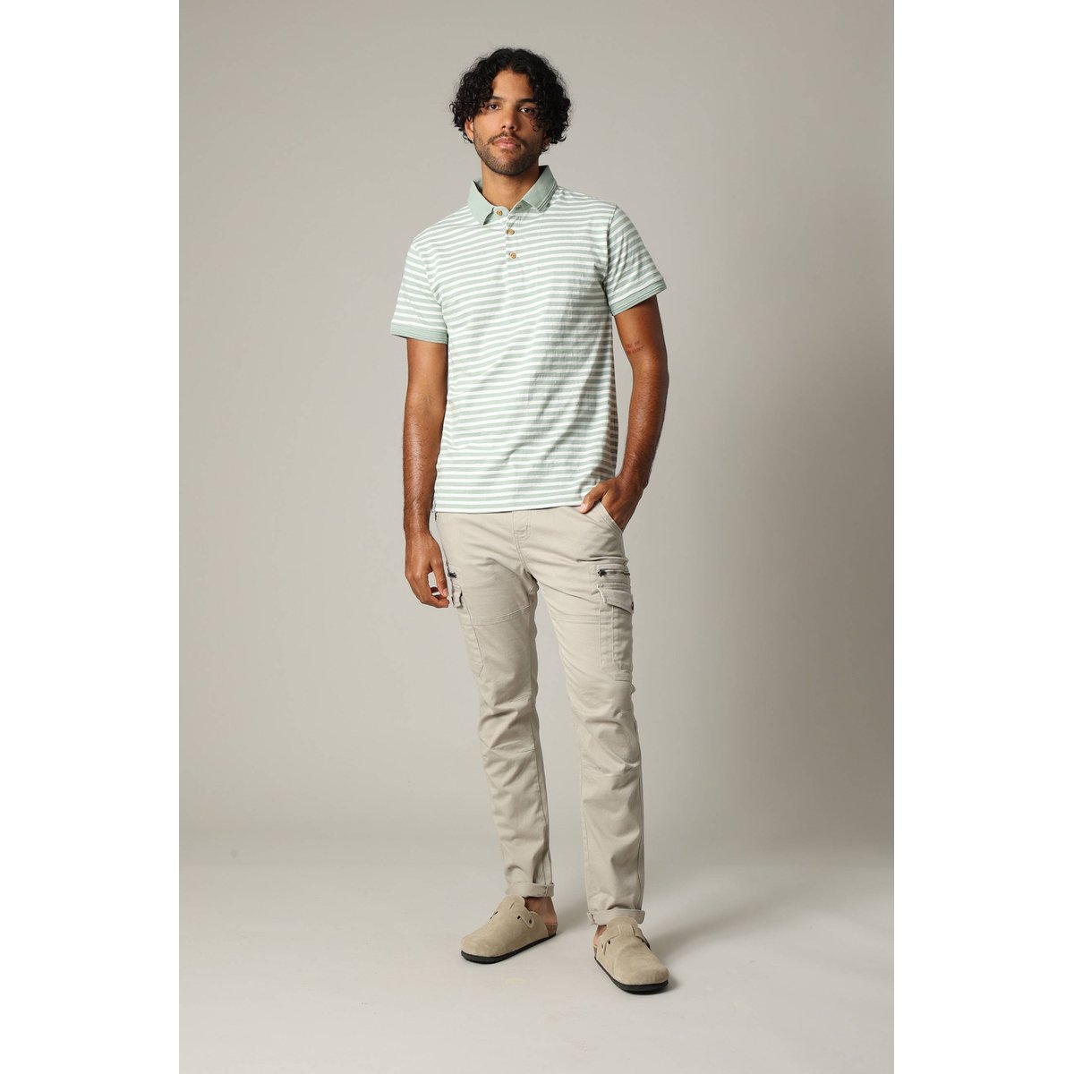 Polo homme coton coupe standard et manches courtes à rayures MAUPITI eucalyptus, DEELUXE