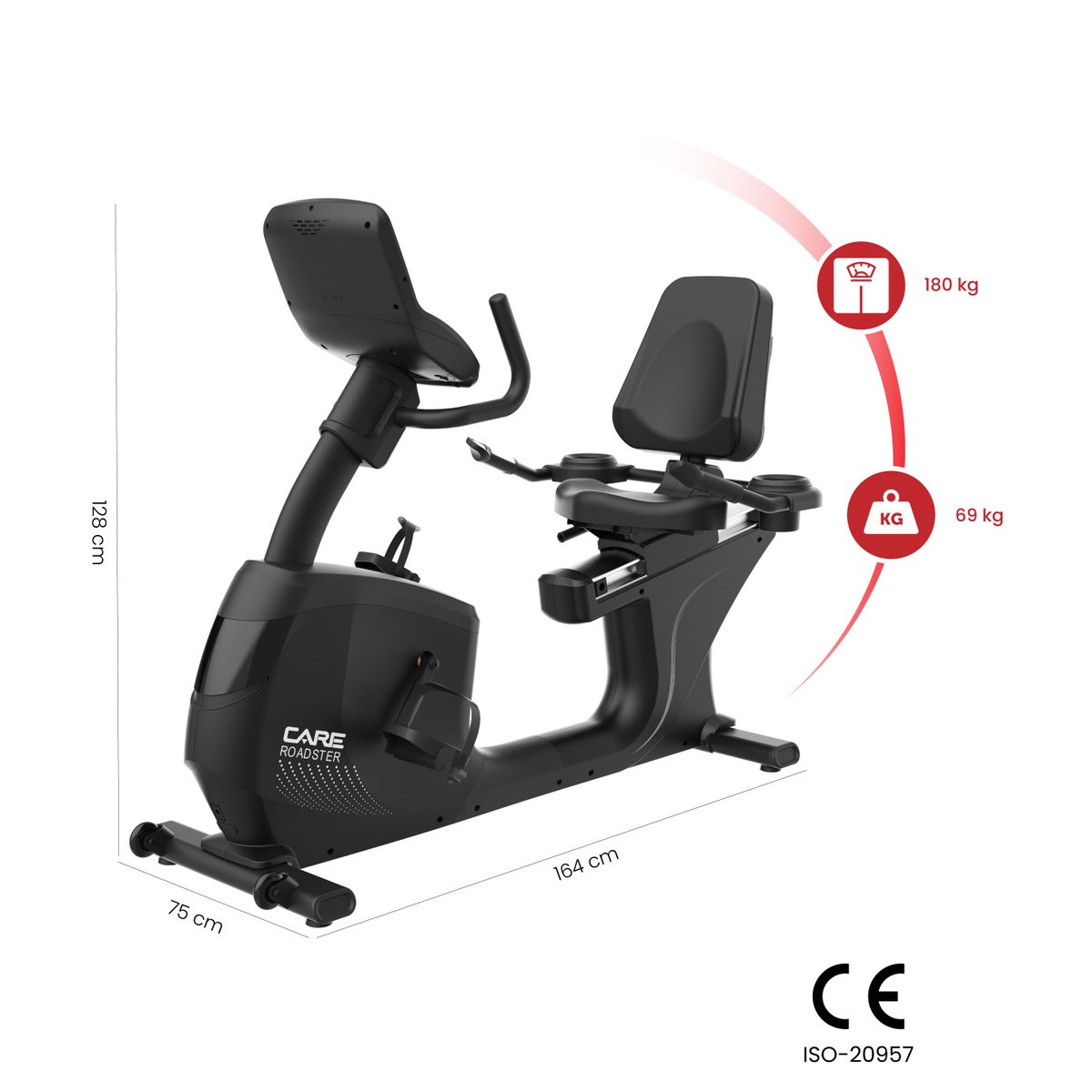 Vélo semi allongé ROADSTER TFT auto-alimenté CARE - ergomètre connecté noir, CARE FITNESS