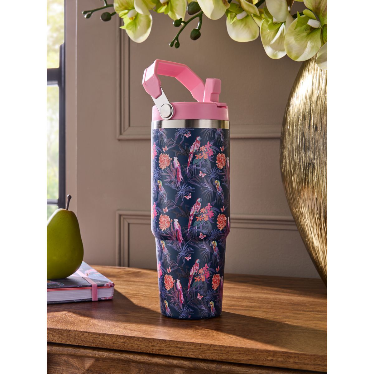 Gourde à imprimé tropical avec paille 900 ml rose/bleu marine, NEXT