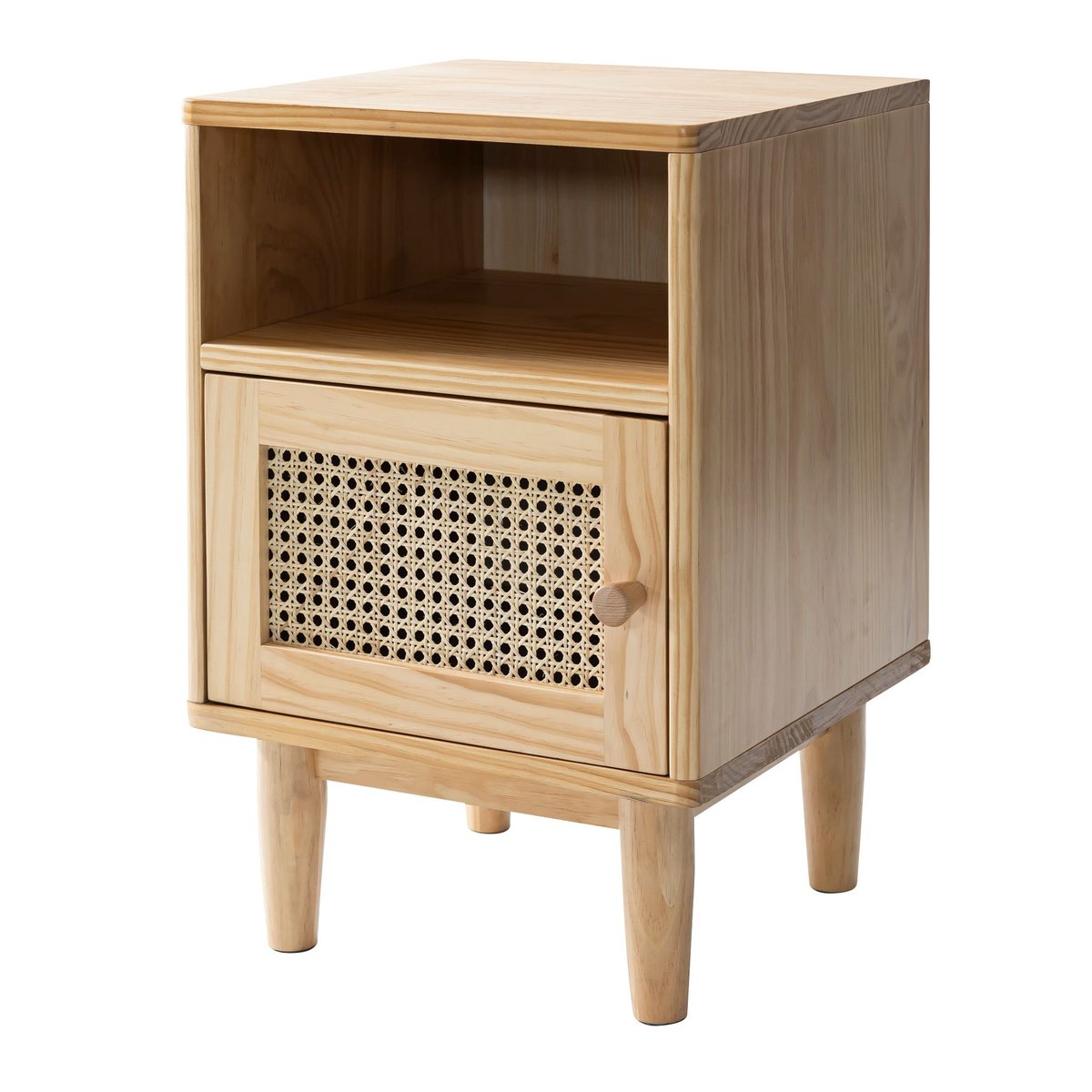Lit en pin massif avec tête de lit et 2 chevets cannage - ANNA bois naturel, TERRE DE NUIT