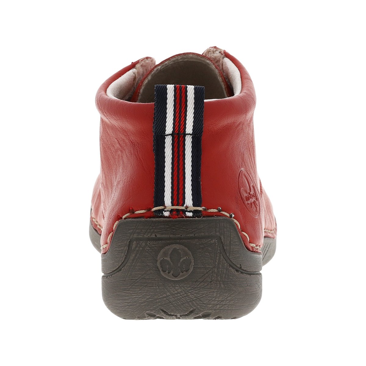 Bottines rouges à semelle plate lacets ronds beiges avec grosses surpiqûres contrastées rouges, RIEKER