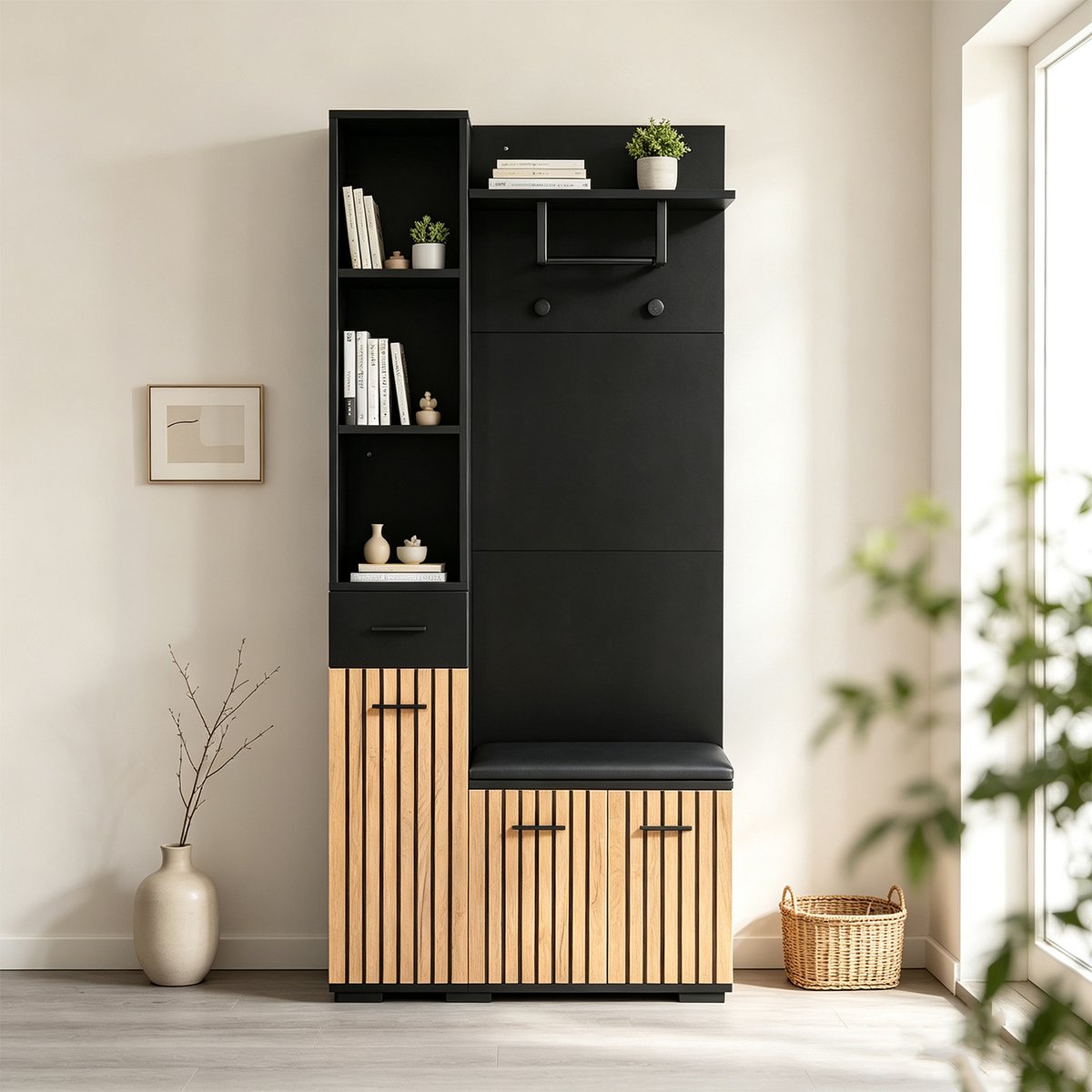 Vestiaire d'entrée avec banc et rangement, PORTER-M noir, MEUBLES COSY