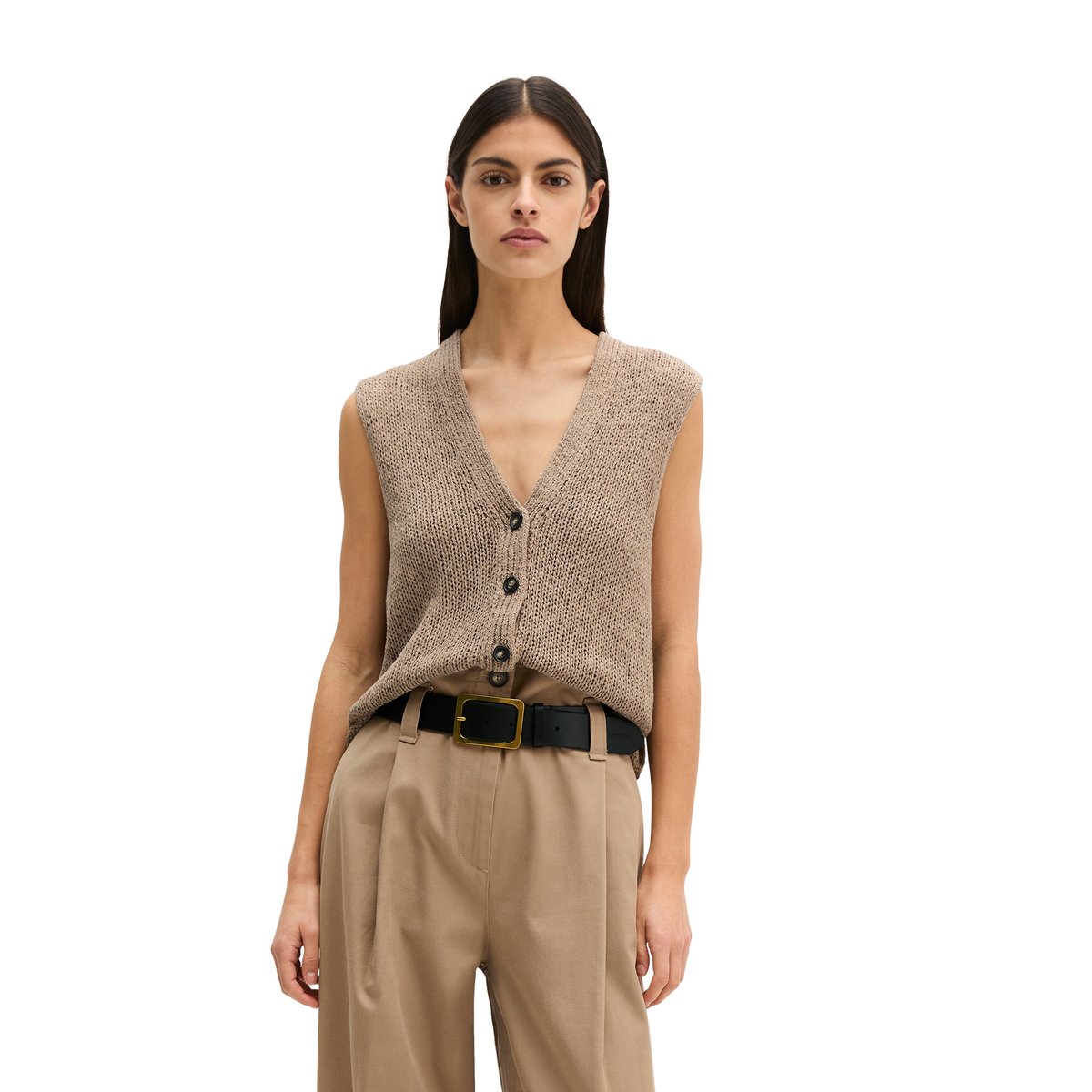 Cardigan sans manches slim en fil à bandelettes marron, MARC O'POLO