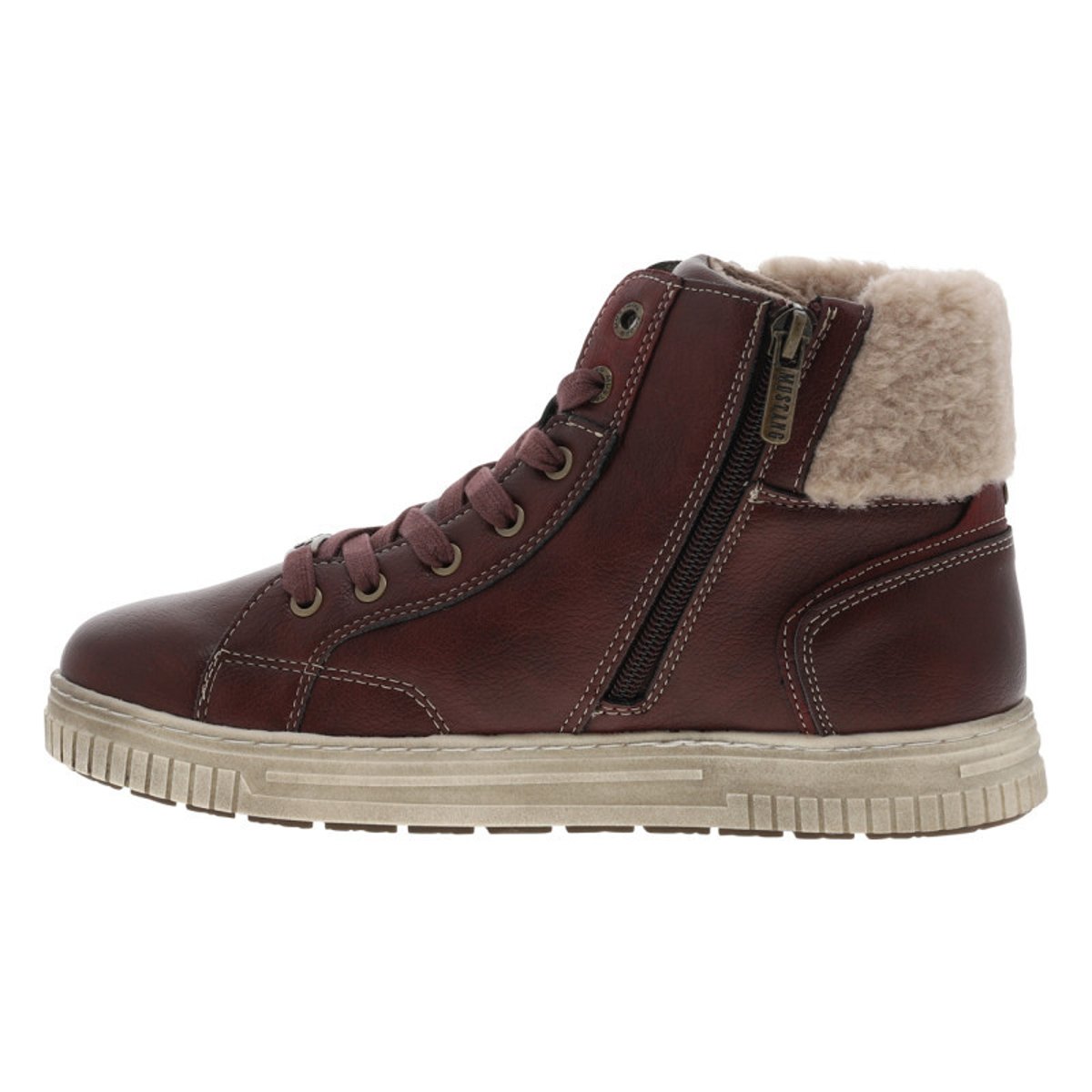 Tennis brunes à talon plat avec des lacets et un zip latéral bordeaux, MUSTANG