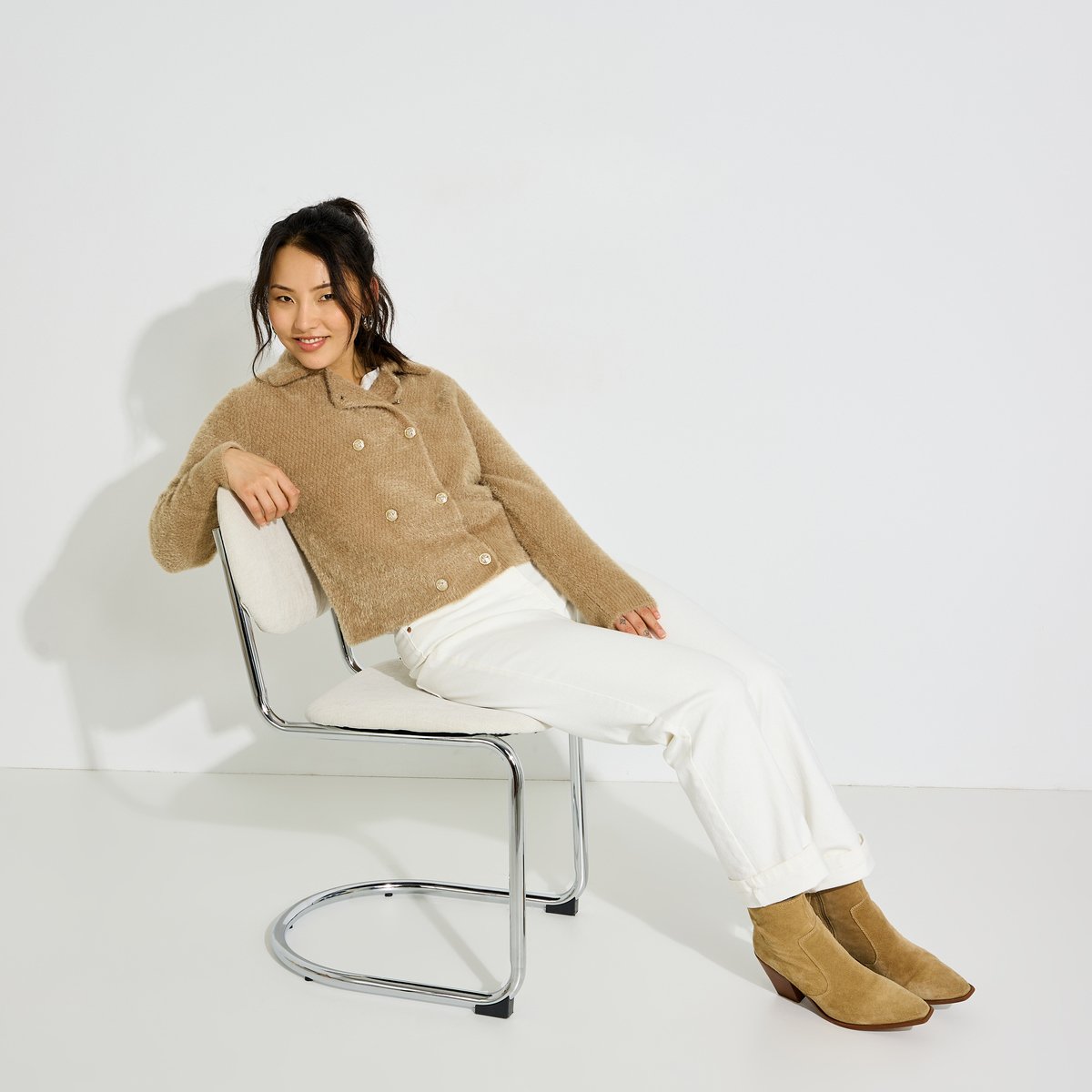 Gilet fluffy double boutonnage marron camel, GRAIN DE MALICE