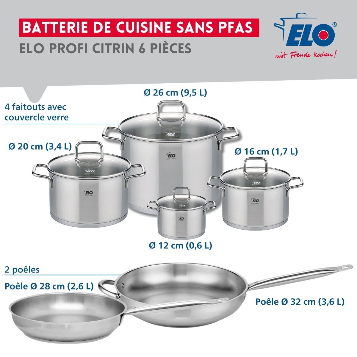 2 poêles 28/32cm + 4 faitouts 12/16/20/26cm PROFI CITRIN inox, ELO
