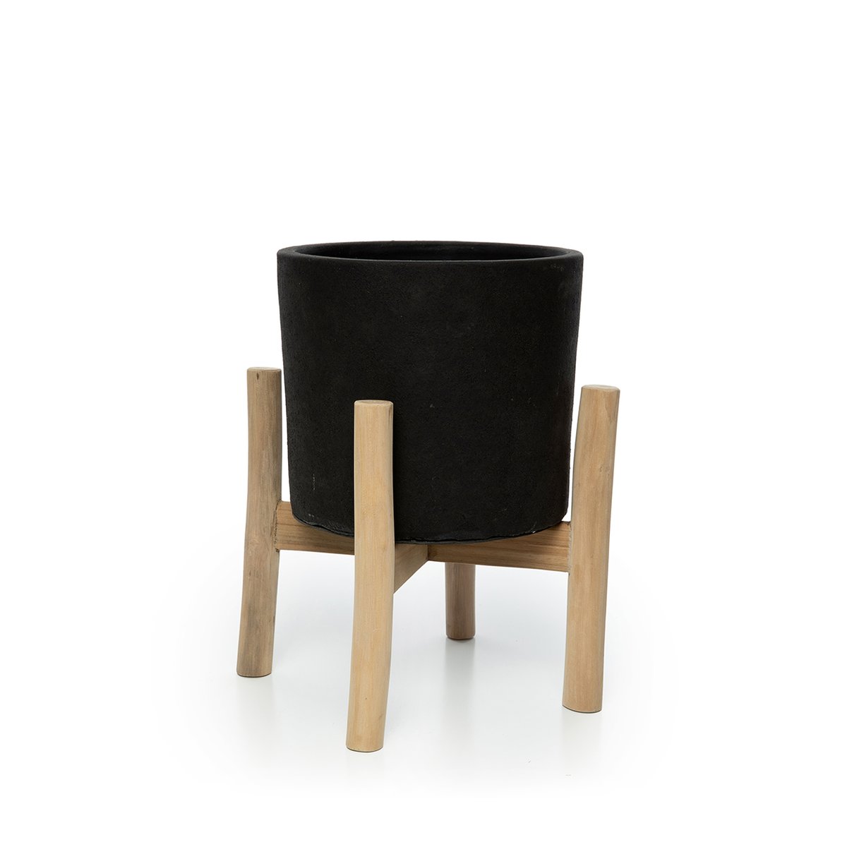 Cache-pot en terre cuite et bois de teck CHALK noir beige, BAZAR BIZAR