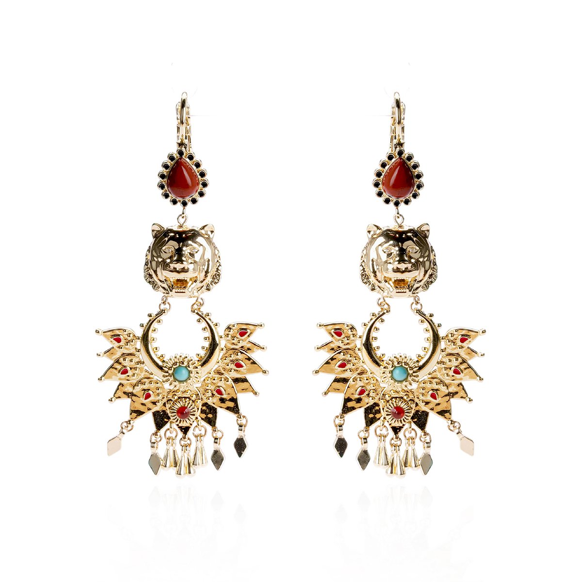 Boucles d'oreilles pendantes dormeuses tête de tigre JEANNIE doré, HIPANEMA