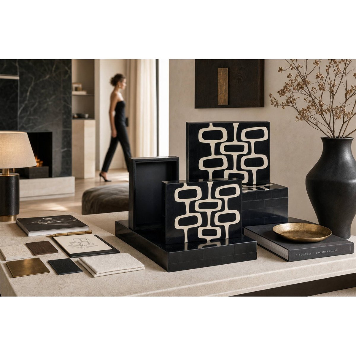 Boîte de rangement en bois, Lot de 2 noir et blanc, RECOLLECTION