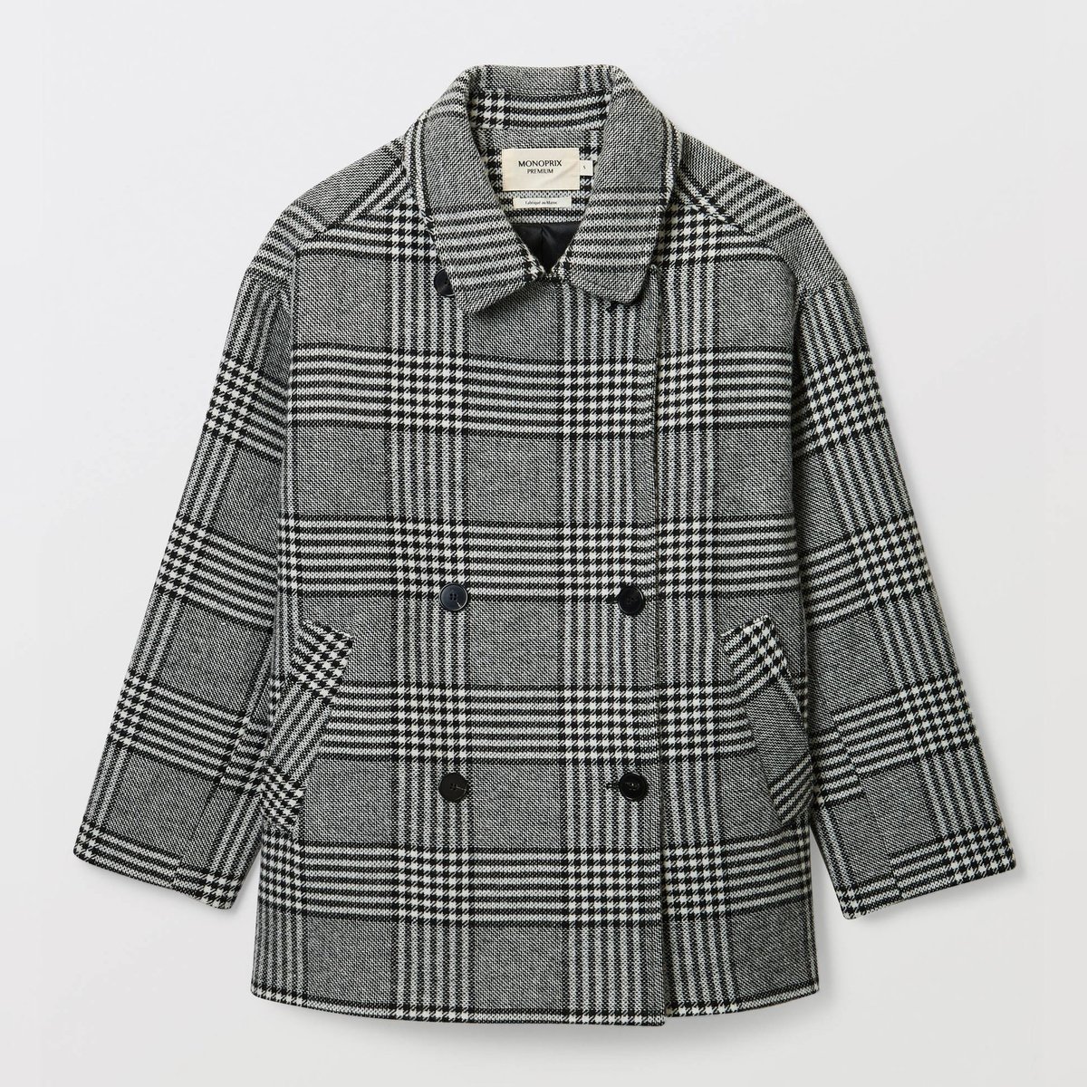 Manteau court à carreaux double boutonnage contenant de la laine gris, MONOPRIX