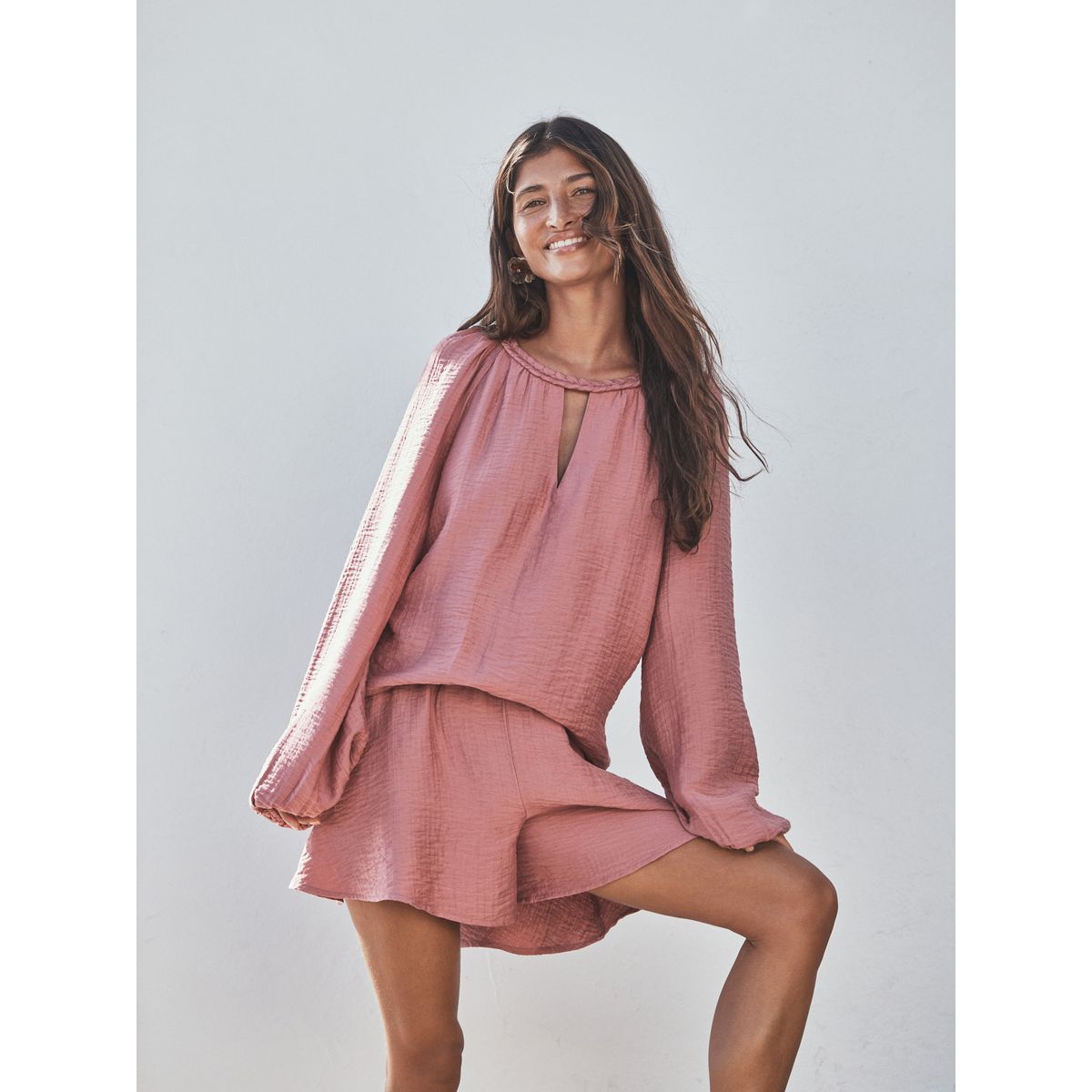 Combi-short à manches ballon et col tressé rose blush, NEXT