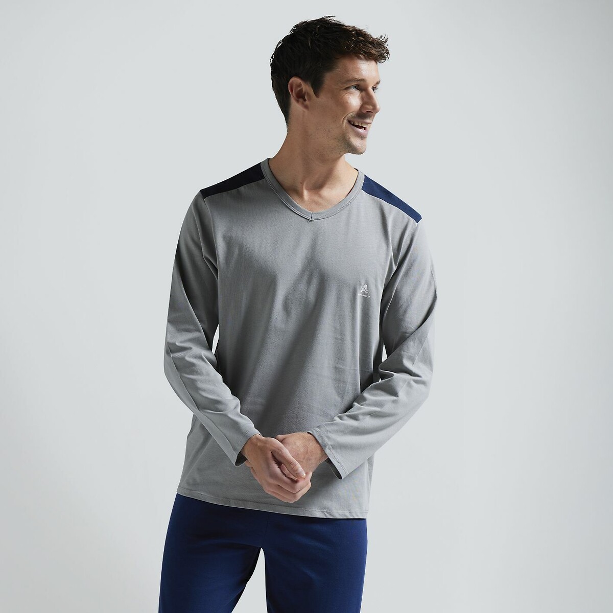 Pyjama long en coton gris + bleu marine, ATHENA