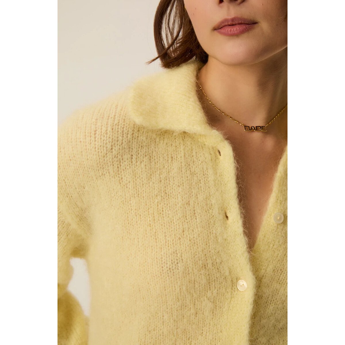 Cardigan con collo a polo e bottoni, ALPOLO giallo, DES PETITS HAUTS
